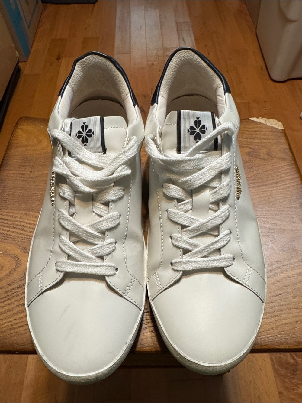 kate spade White Leather Lace-Up Sneakers with Gold Logo